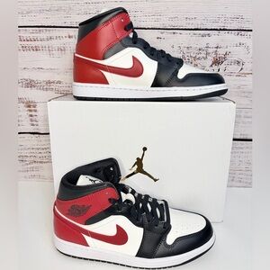 New Women’s Nike Air Jordan 1 Mid White/Black/Red Sneakers.